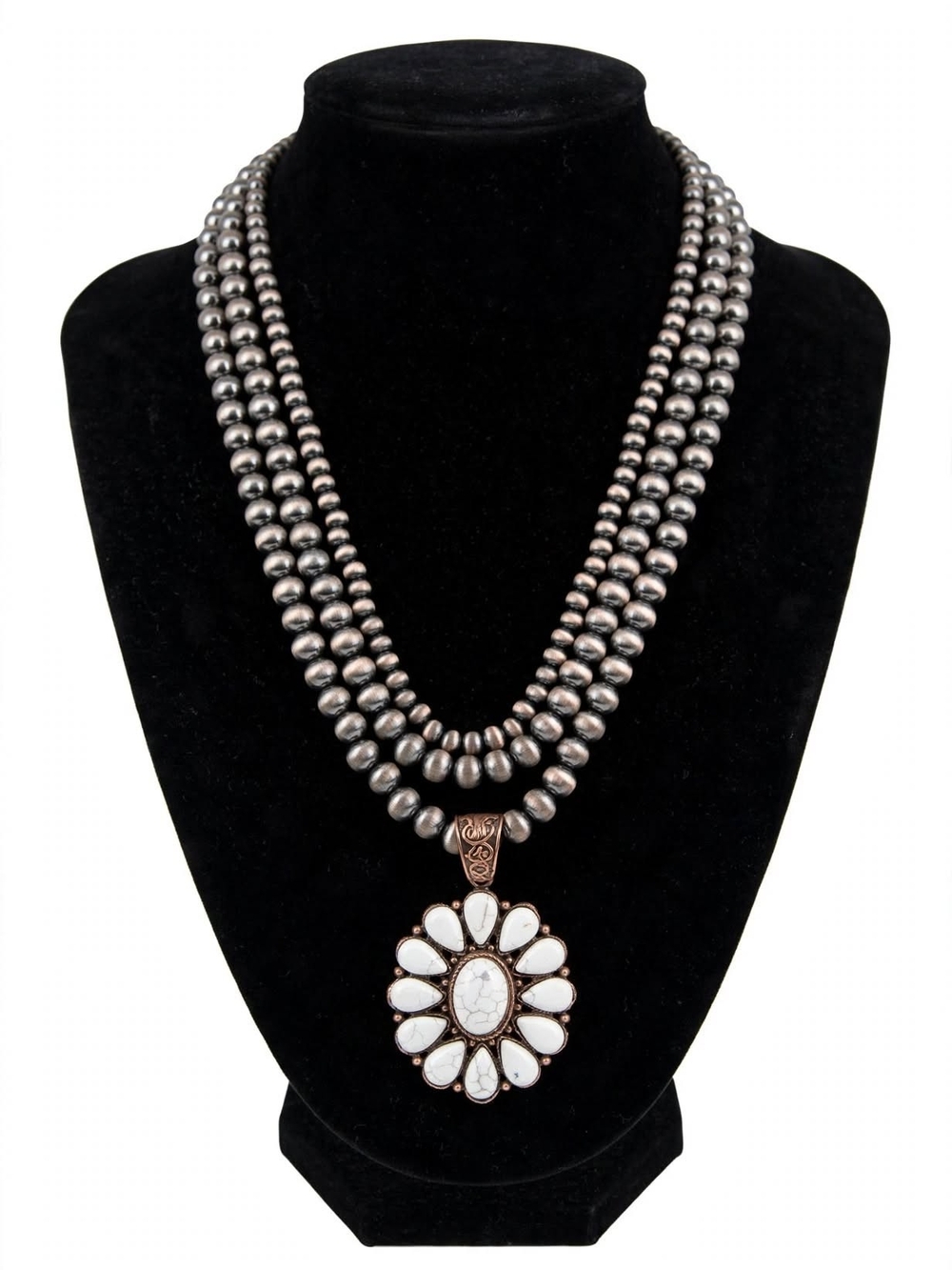 Triple-Strand Silver Bead Necklace with White Flower Pendant